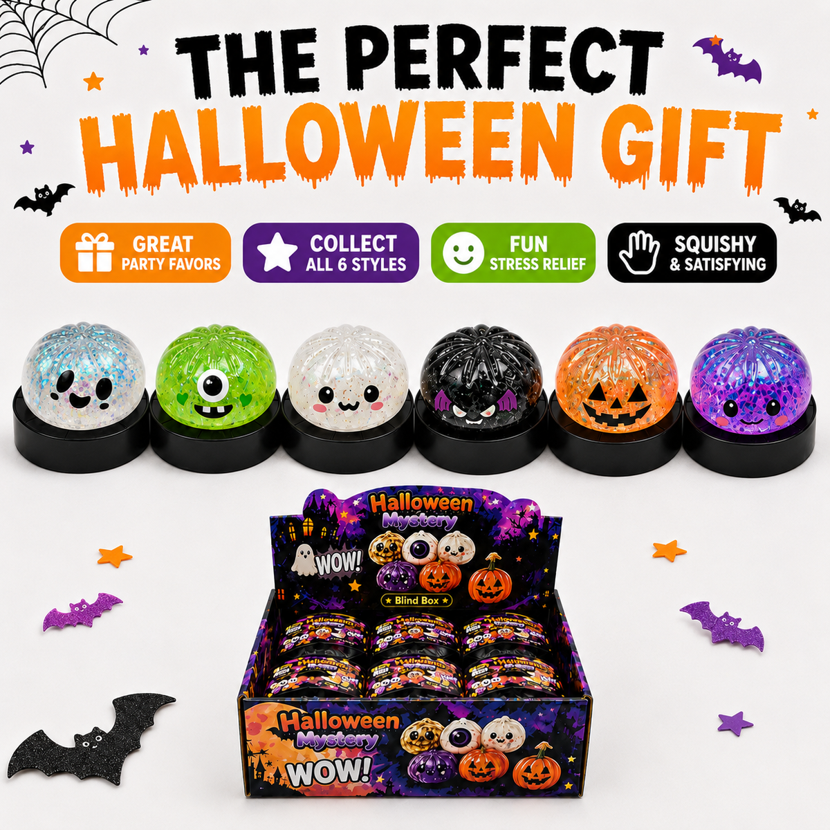 Halloween Mystery Squishy Blind Box Glitter Fidget Toy Cute Ghost Pumpkin Bat Squeeze Sensory Toy For Kids Boys Girls Trick Or Treat Party Favors Stress Relief Desk Accessory Random Styles