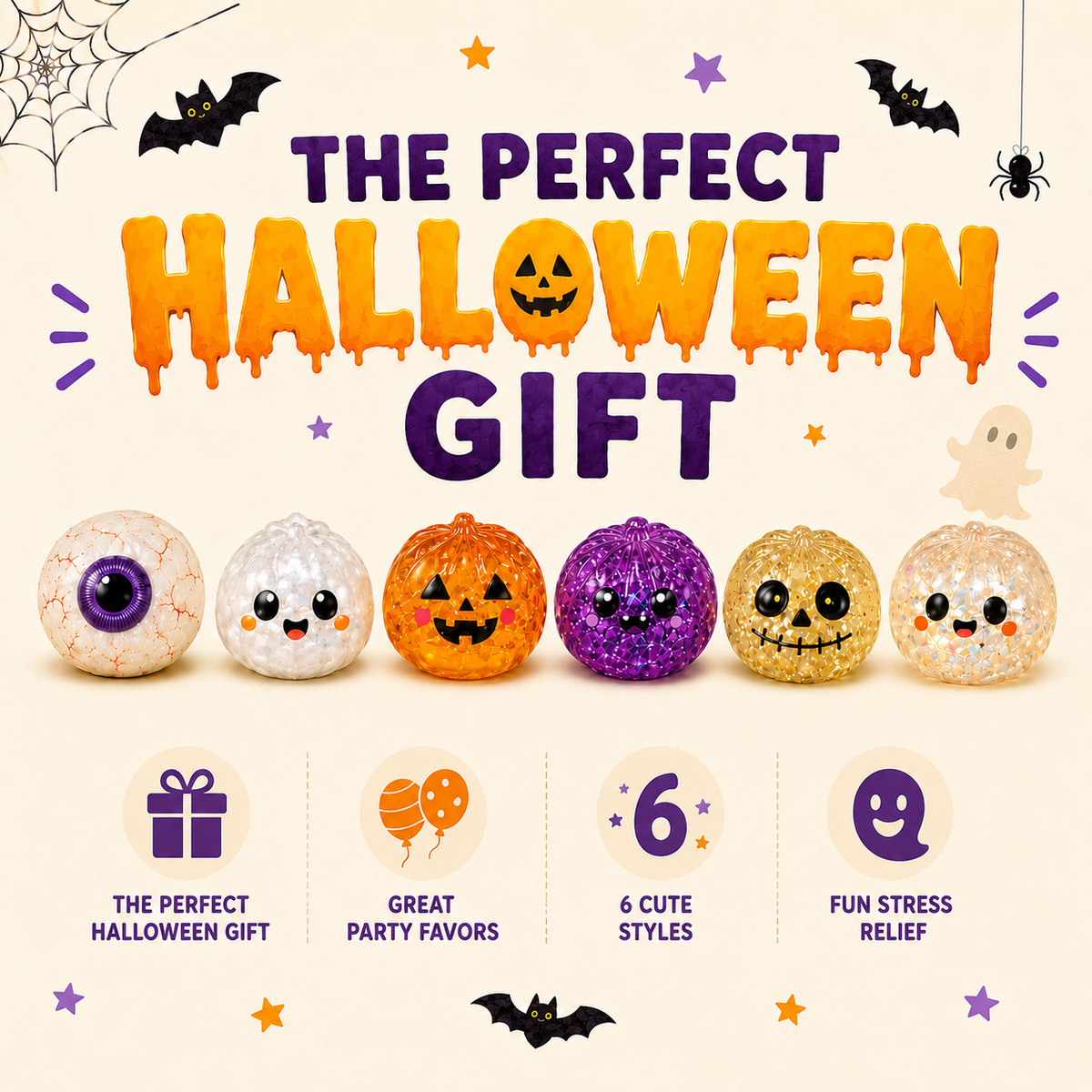 Halloween Mystery Squishy Blind Box Glitter Squeeze Toy Cute Pumpkin Ghost Eyeball Stress Relief Sensory Fidget Toy For Kids Boys Girls Trick Or Treat Party Favors Desk Accessory Random Styles