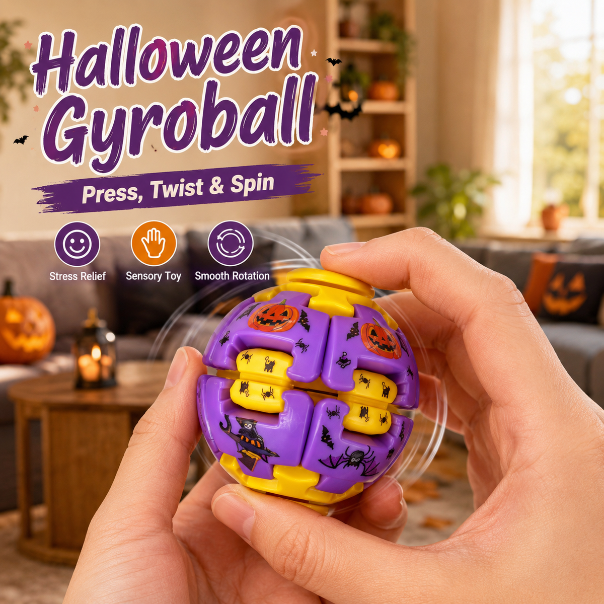 Halloween Fidget Ball Press And Spin Puzzle Toy Stress Relief Gyroball Purple Yellow Spooky Sensory Toy Ghost Pumpkin Bat Print Trick Or Treat Goodie Bag Filler Party Favor Gift For Kids And Adults