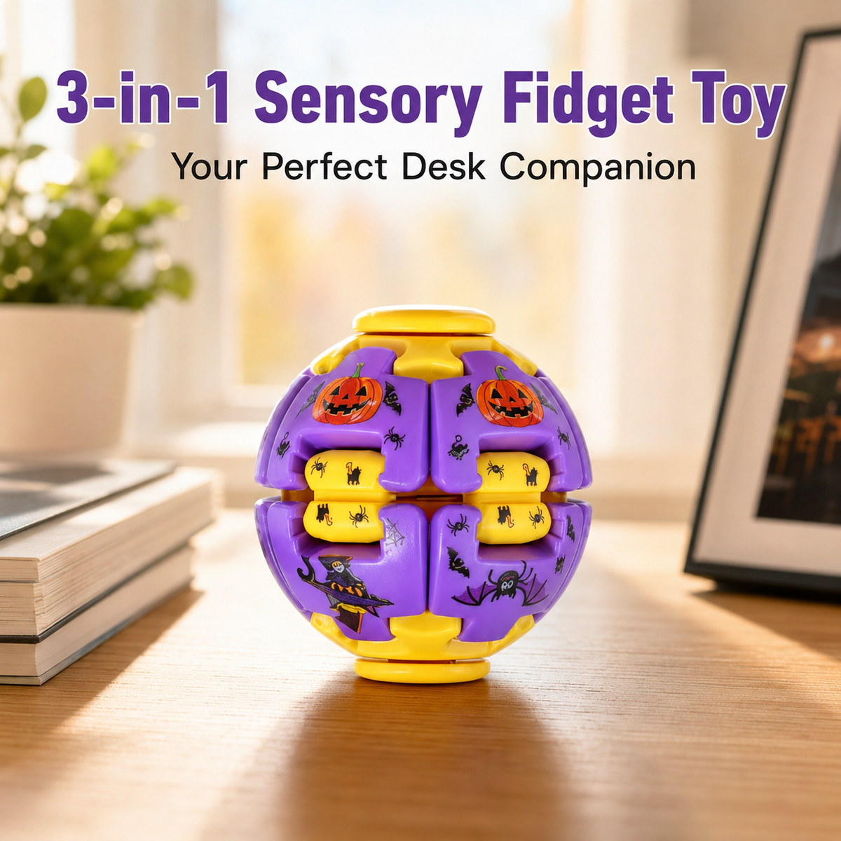 Halloween Fidget Ball Press And Spin Puzzle Toy Stress Relief Gyroball Purple Yellow Spooky Sensory Toy Ghost Pumpkin Bat Print Trick Or Treat Goodie Bag Filler Party Favor Gift For Kids And Adults