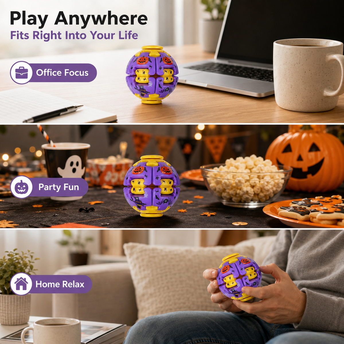 Halloween Fidget Ball Press And Spin Puzzle Toy Stress Relief Gyroball Purple Yellow Spooky Sensory Toy Ghost Pumpkin Bat Print Trick Or Treat Goodie Bag Filler Party Favor Gift For Kids And Adults