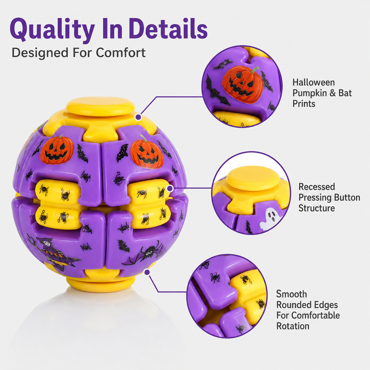 Halloween Fidget Ball Press And Spin Puzzle Toy Stress Relief Gyroball Purple Yellow Spooky Sensory Toy Ghost Pumpkin Bat Print Trick Or Treat Goodie Bag Filler Party Favor Gift For Kids And Adults