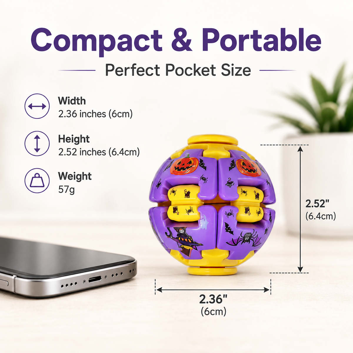 Halloween Fidget Ball Press And Spin Puzzle Toy Stress Relief Gyroball Purple Yellow Spooky Sensory Toy Ghost Pumpkin Bat Print Trick Or Treat Goodie Bag Filler Party Favor Gift For Kids And Adults