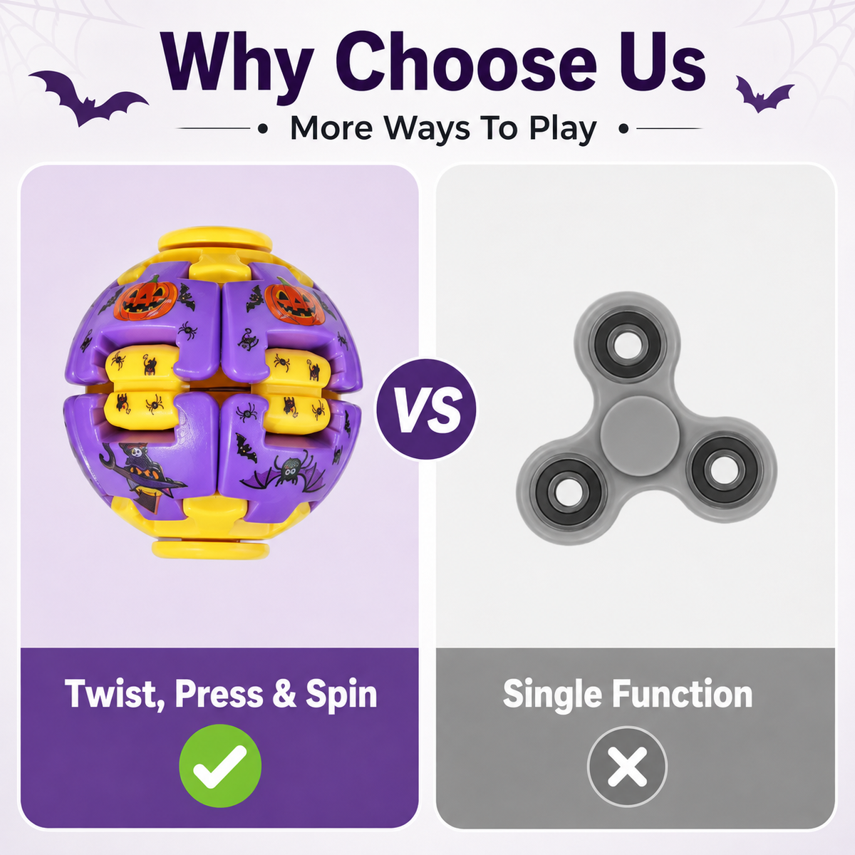 Halloween Fidget Ball Press And Spin Puzzle Toy Stress Relief Gyroball Purple Yellow Spooky Sensory Toy Ghost Pumpkin Bat Print Trick Or Treat Goodie Bag Filler Party Favor Gift For Kids And Adults