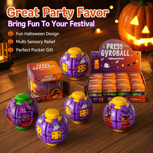 Halloween Fidget Ball Press And Spin Puzzle Toy Stress Relief Gyroball Purple Yellow Spooky Sensory Toy Ghost Pumpkin Bat Print Trick Or Treat Goodie Bag Filler Party Favor Gift For Kids And Adults