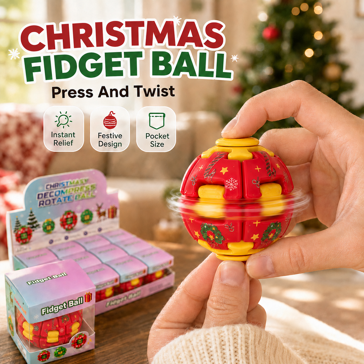 Christmas Fidget Ball Press And Spin Puzzle Toy Stress Relief Rotating Sensory Ball Holiday Stocking Stuffer Gift For Kids Adults