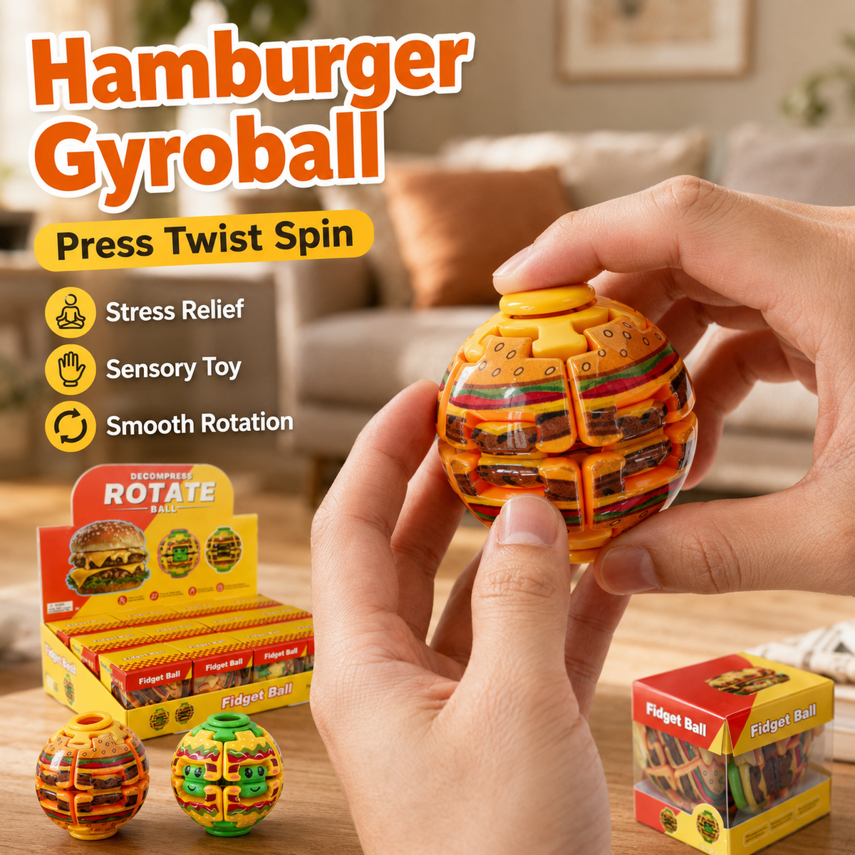 Hamburger Fidget Ball Press And Spin Puzzle Toy Stress Relief Rotating Sensory Food Shaped Ball Random Color Party Favor Gift For Kids And Adults Fun Desk Toy