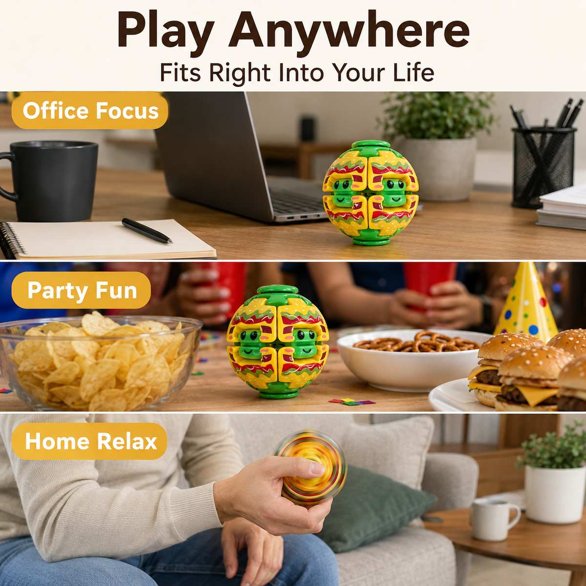 Hamburger Fidget Ball Press And Spin Puzzle Toy Stress Relief Rotating Sensory Food Shaped Ball Random Color Party Favor Gift For Kids And Adults Fun Desk Toy