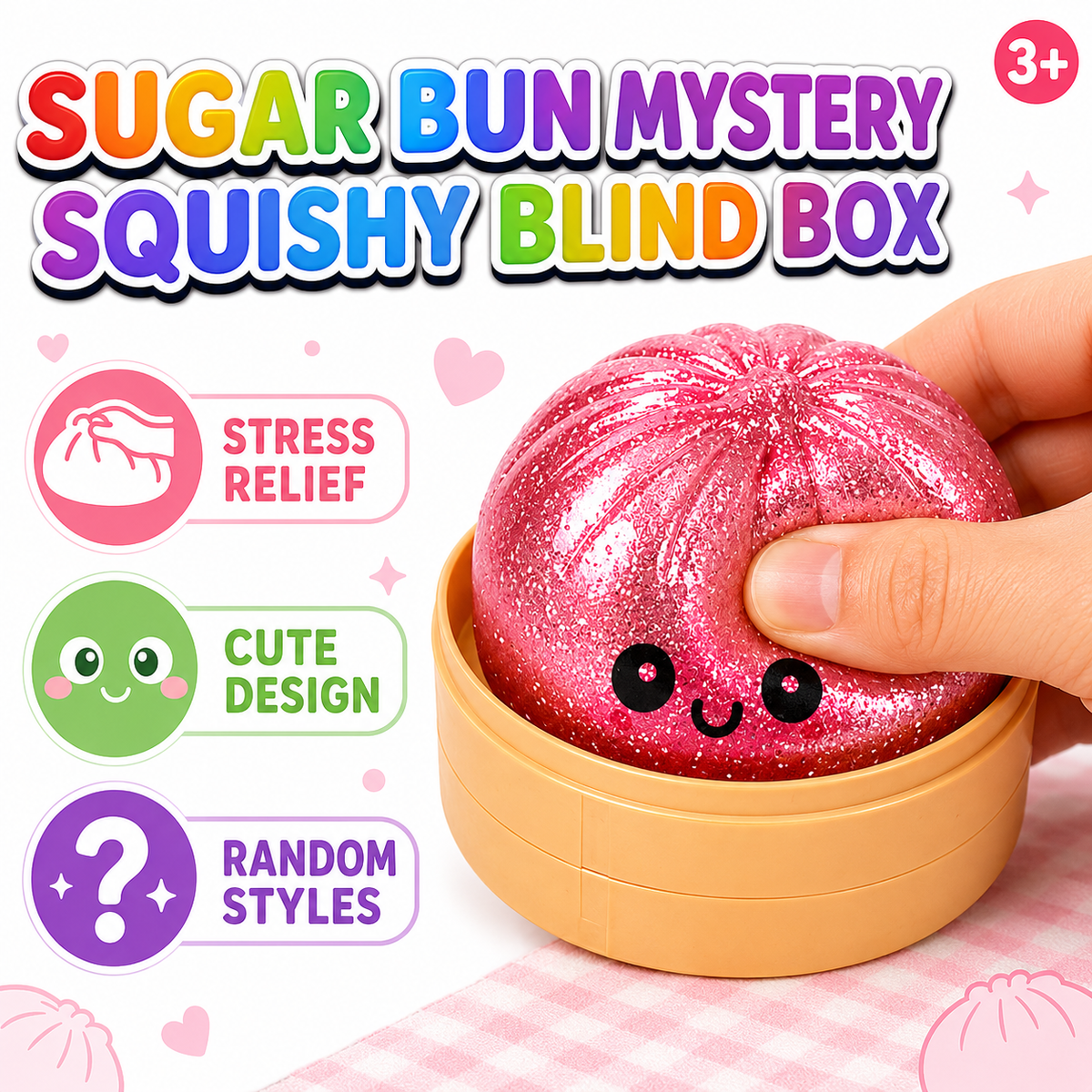 Cute Sugar Bun Mystery Squishy Blind Box Glitter Dumpling Stress Relief Sensory Toy for Kids 3 Plus Slow Rising Fidget Toy with Mini Steamer Random Styles Surprise Gift for Boys Girls Desk Accessory Party Favors