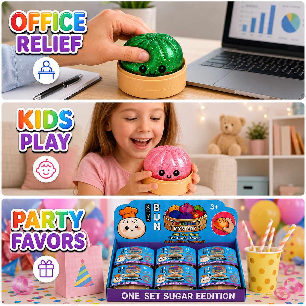 Cute Sugar Bun Mystery Squishy Blind Box Glitter Dumpling Stress Relief Sensory Toy for Kids 3 Plus Slow Rising Fidget Toy with Mini Steamer Random Styles Surprise Gift for Boys Girls Desk Accessory Party Favors
