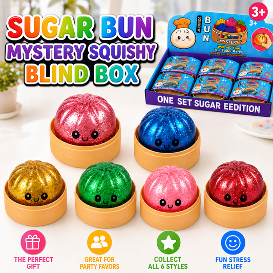 Cute Sugar Bun Mystery Squishy Blind Box Glitter Dumpling Stress Relief Sensory Toy for Kids 3 Plus Slow Rising Fidget Toy with Mini Steamer Random Styles Surprise Gift for Boys Girls Desk Accessory Party Favors