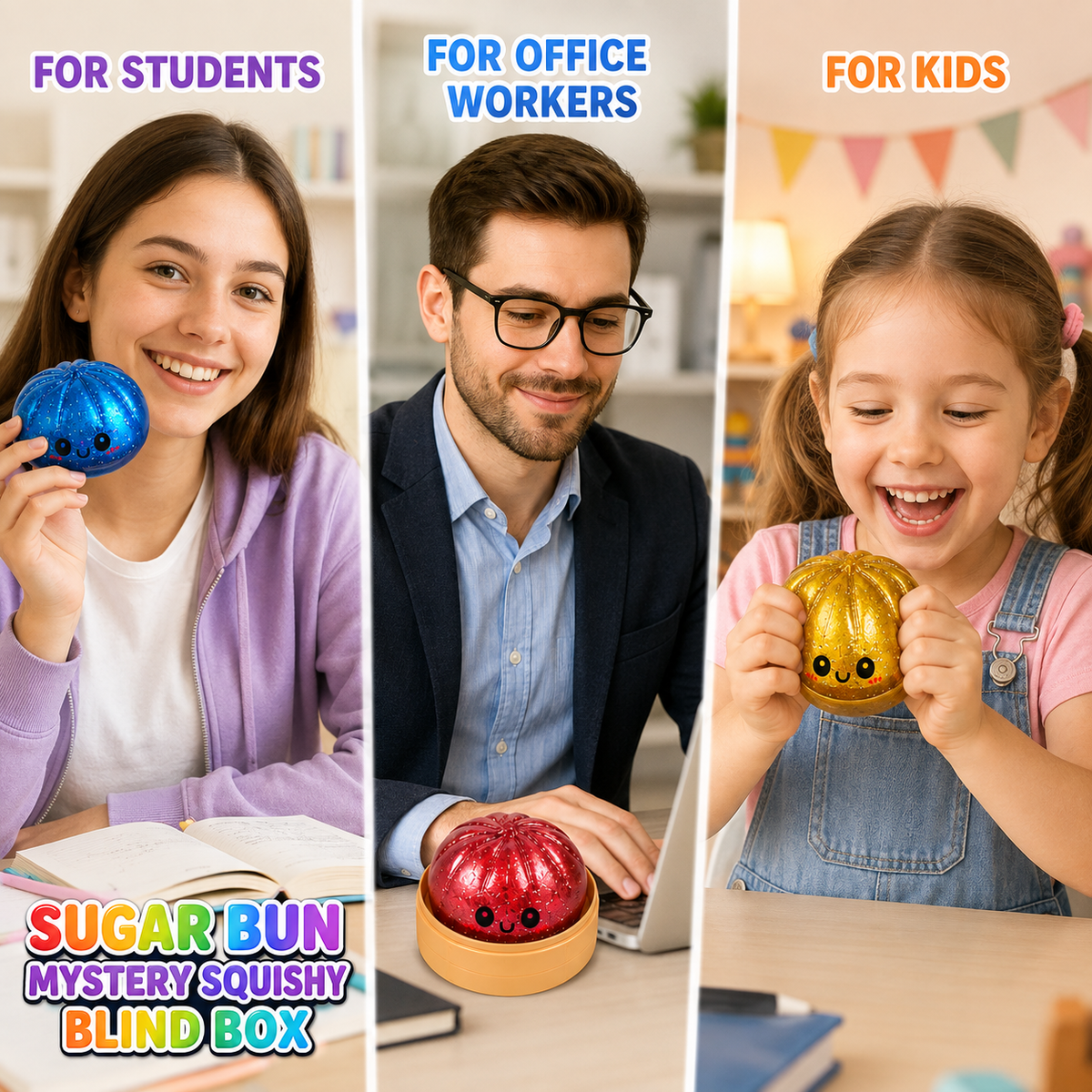Cute Sugar Bun Mystery Squishy Blind Box Glitter Dumpling Stress Relief Sensory Toy for Kids 3 Plus Slow Rising Fidget Toy with Mini Steamer Random Styles Surprise Gift for Boys Girls Desk Accessory Party Favors