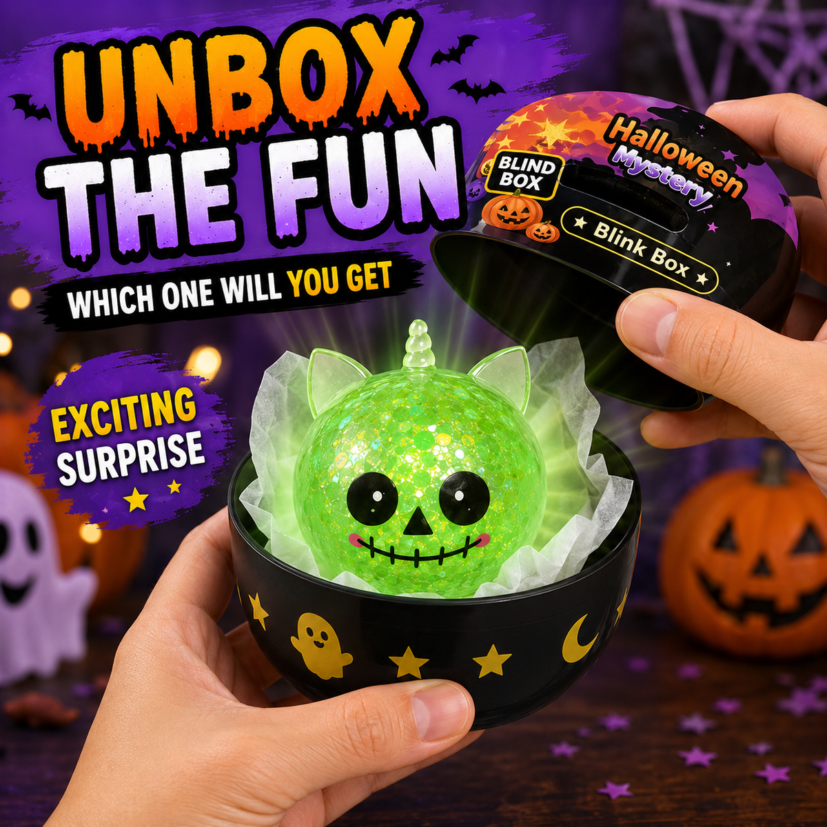 Halloween Mystery Squishy Blind Box Glitter Fidget Toy Cute Pumpkin Skull Eyeball Squeeze Ball Stress Relief Sensory Toy Party Favors For Kids Boys Girls Trick Or Treat Gift Spooky Desk Accessory Random Styles