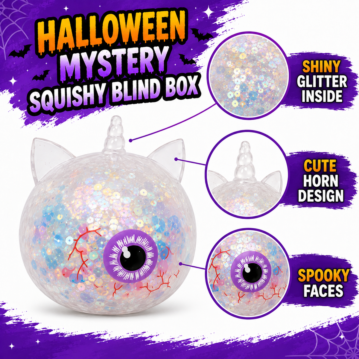Halloween Mystery Squishy Blind Box Glitter Fidget Toy Cute Pumpkin Skull Eyeball Squeeze Ball Stress Relief Sensory Toy Party Favors For Kids Boys Girls Trick Or Treat Gift Spooky Desk Accessory Random Styles