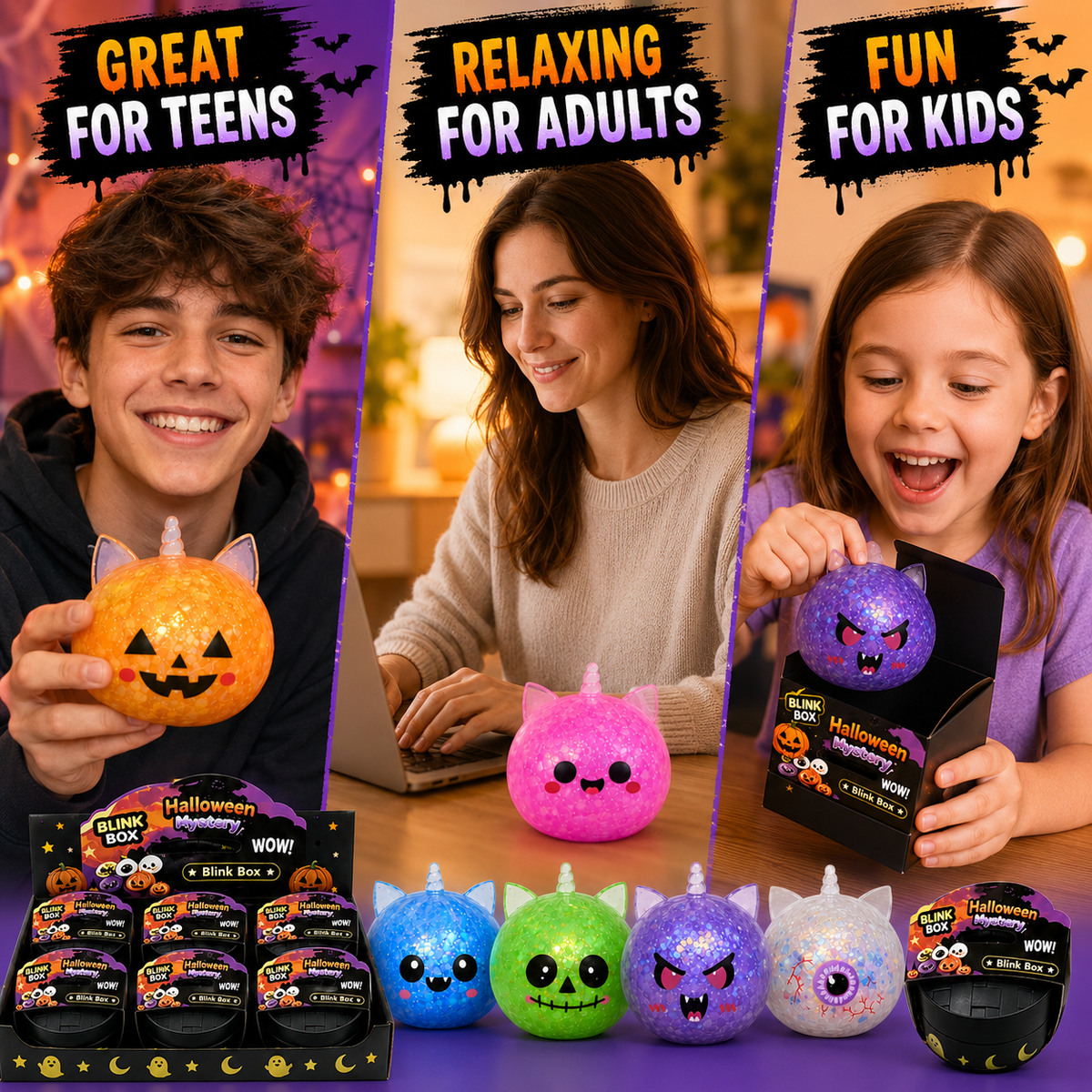 Halloween Mystery Squishy Blind Box Glitter Fidget Toy Cute Pumpkin Skull Eyeball Squeeze Ball Stress Relief Sensory Toy Party Favors For Kids Boys Girls Trick Or Treat Gift Spooky Desk Accessory Random Styles