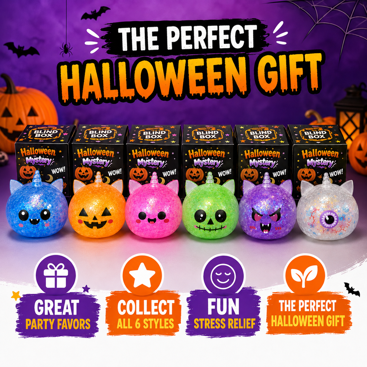 Halloween Mystery Squishy Blind Box Glitter Fidget Toy Cute Pumpkin Skull Eyeball Squeeze Ball Stress Relief Sensory Toy Party Favors For Kids Boys Girls Trick Or Treat Gift Spooky Desk Accessory Random Styles