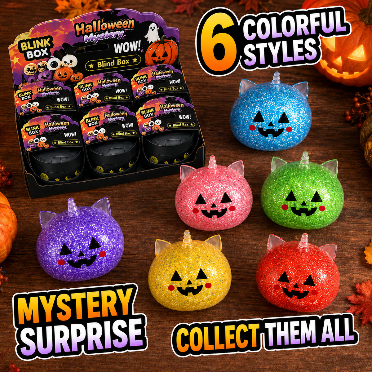 Halloween Mystery Squishy Blind Box Glitter Fidget Toy Cute Pumpkin Face Squeeze Ball Sensory Toy For Kids Boys Girls Trick Or Treat Party Favors Stress Relief Desk Accessory Random Styles