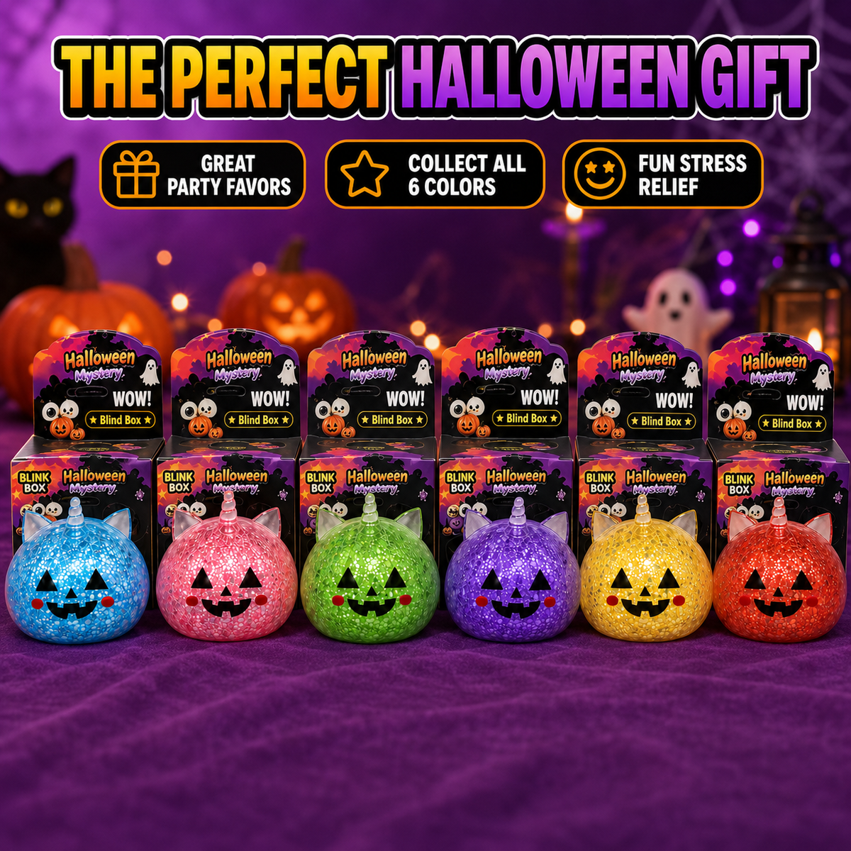 Halloween Mystery Squishy Blind Box Glitter Fidget Toy Cute Pumpkin Face Squeeze Ball Sensory Toy For Kids Boys Girls Trick Or Treat Party Favors Stress Relief Desk Accessory Random Styles