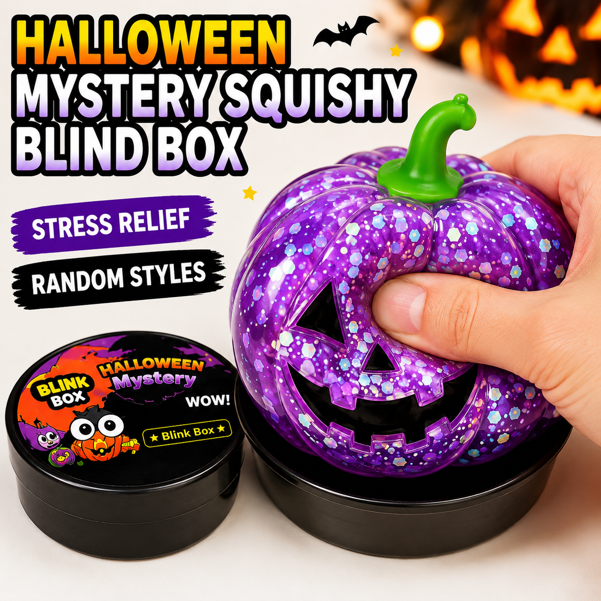 Halloween Mystery Squishy Blind Box Glitter Pumpkin Squeeze Ball Stress Relief Sensory Toy For Kids Boys Girls Trick Or Treat Party Favors Desk Accessory Random Styles