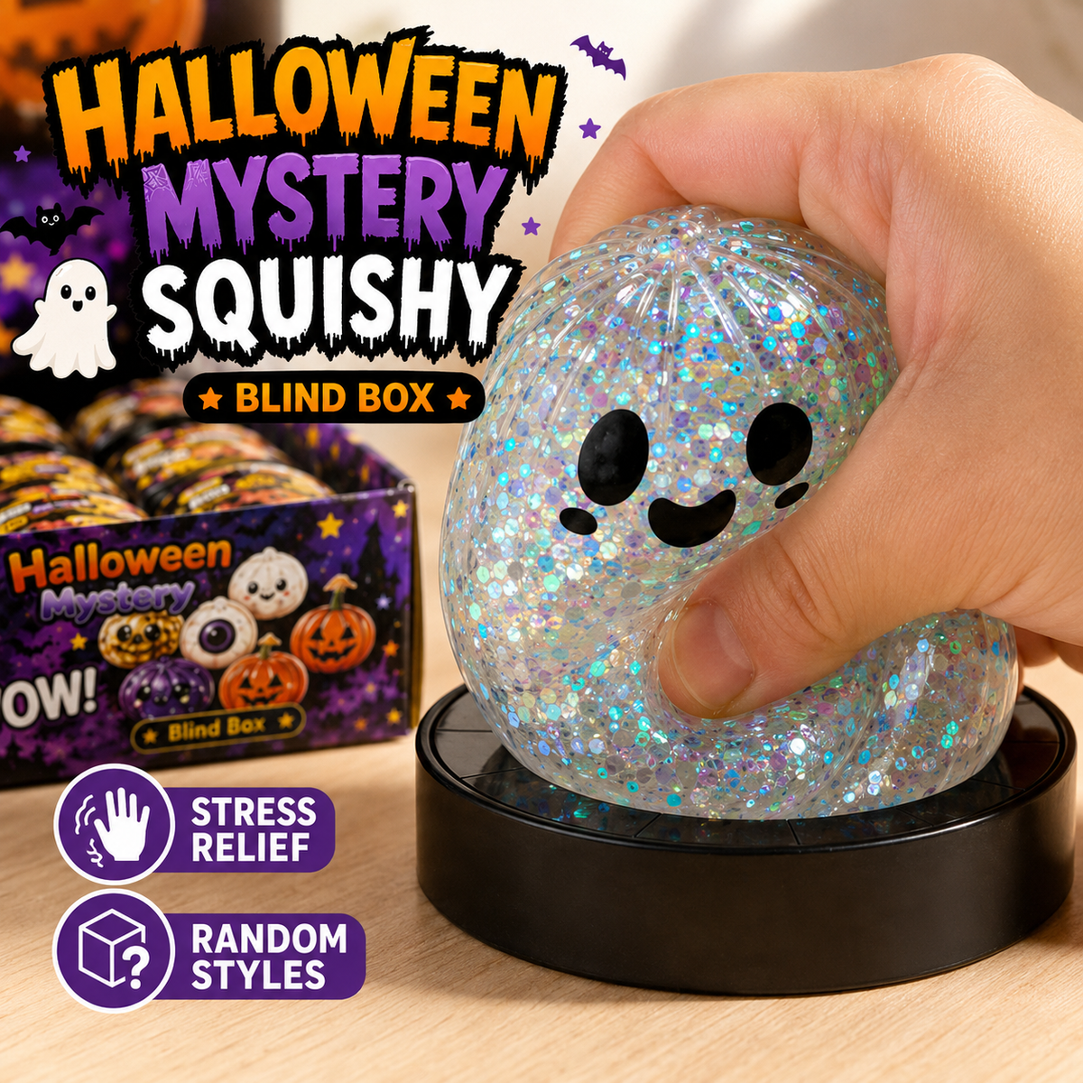 Halloween Mystery Squishy Blind Box Glitter Fidget Toy Cute Ghost Pumpkin Bat Squeeze Sensory Toy For Kids Boys Girls Trick Or Treat Party Favors Stress Relief Desk Accessory Random Styles
