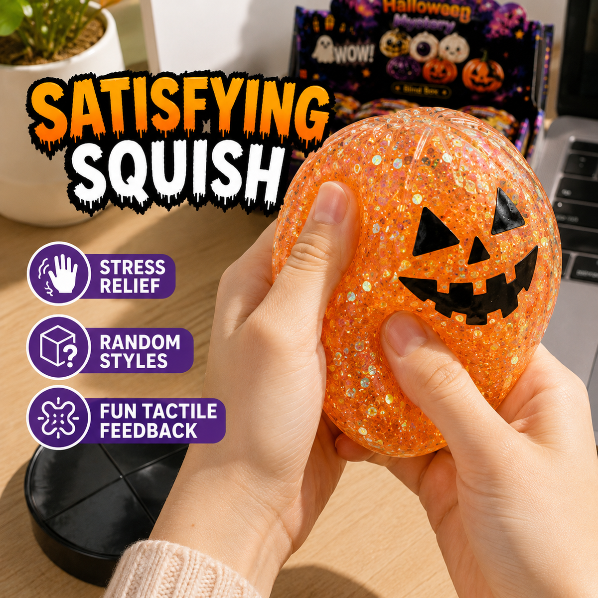Halloween Mystery Squishy Blind Box Glitter Fidget Toy Cute Ghost Pumpkin Bat Squeeze Sensory Toy For Kids Boys Girls Trick Or Treat Party Favors Stress Relief Desk Accessory Random Styles