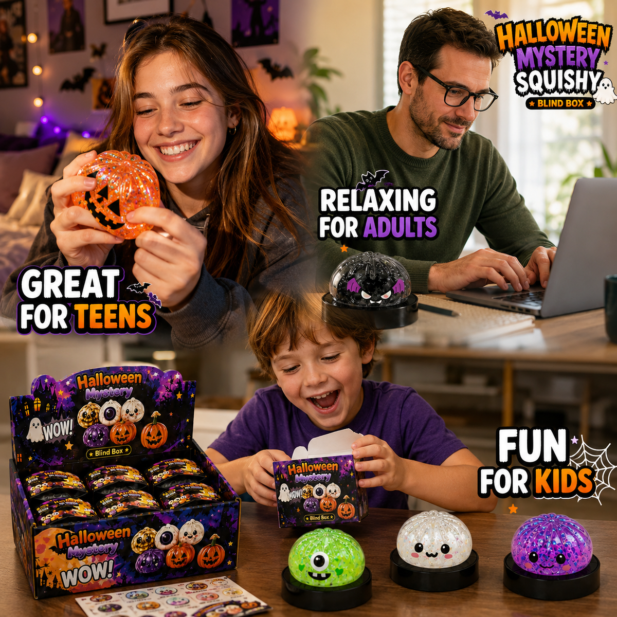 Halloween Mystery Squishy Blind Box Glitter Fidget Toy Cute Ghost Pumpkin Bat Squeeze Sensory Toy For Kids Boys Girls Trick Or Treat Party Favors Stress Relief Desk Accessory Random Styles