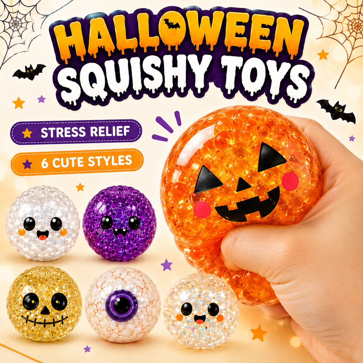 Halloween Mystery Squishy Blind Box Glitter Squeeze Toy Cute Pumpkin Ghost Eyeball Stress Relief Sensory Fidget Toy For Kids Boys Girls Trick Or Treat Party Favors Desk Accessory Random Styles
