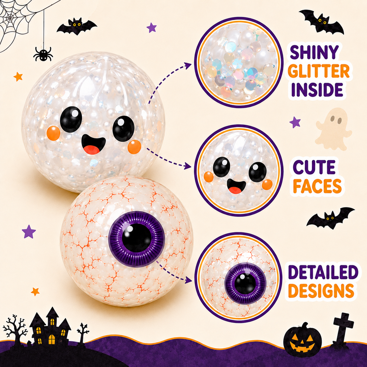 Halloween Mystery Squishy Blind Box Glitter Squeeze Toy Cute Pumpkin Ghost Eyeball Stress Relief Sensory Fidget Toy For Kids Boys Girls Trick Or Treat Party Favors Desk Accessory Random Styles